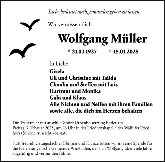 Traueranzeige von Wolfgang Müller von Wiesbadener Kurier
