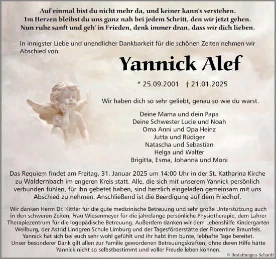 Traueranzeige von Yannick Alef von Weilburger Tageblatt