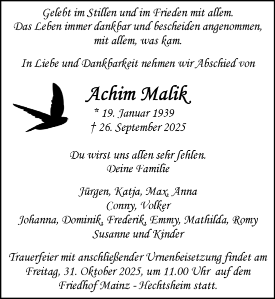 Traueranzeige von Achim Malik von Allgemeine Zeitung Mainz Traueranzeige von Achim Malik von Allgemeine Zeitung Mainz