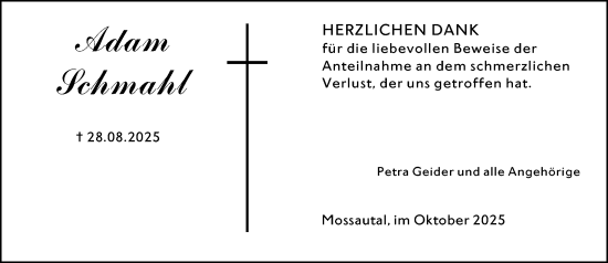 Traueranzeige von Adam Schmahl von Odenwälder Echo