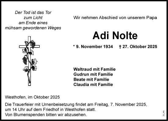 Traueranzeige von Adi Nolte von Wormser Zeitung Traueranzeige von Adi Nolte von Wormser Zeitung