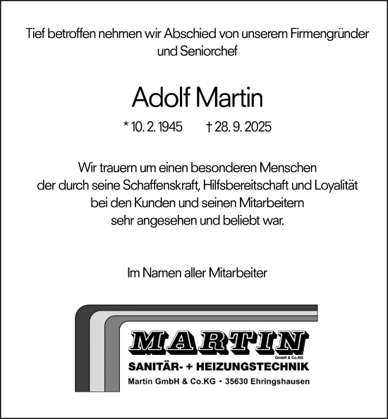 Traueranzeige von Adolf Martin von Wetzlarer Neue Zeitung Traueranzeige von Adolf Martin von Wetzlarer Neue Zeitung