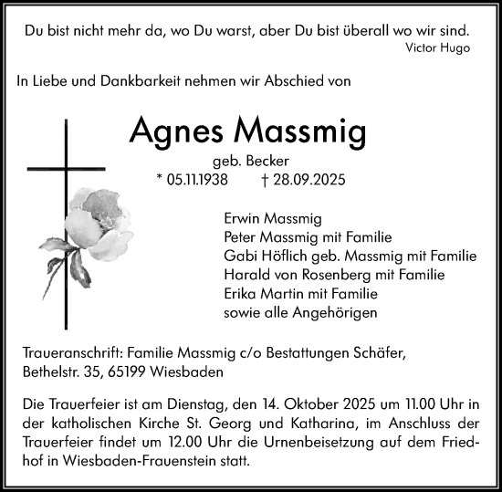 Traueranzeige von Agnes Massmig von Wiesbadener Kurier Traueranzeige von Agnes Massmig von Wiesbadener Kurier
