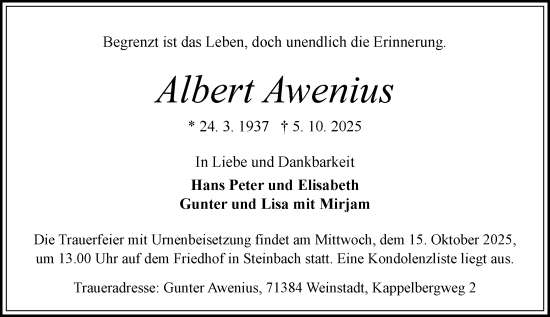 Traueranzeige von Albert Awenius von Odenwälder Echo Traueranzeige von Albert Awenius von Odenwälder Echo