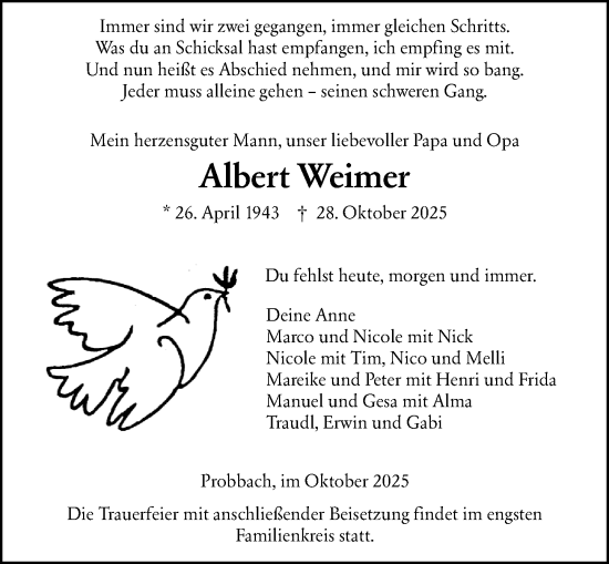 Traueranzeige von Albert Weimer von Weilburger Tageblatt Traueranzeige von Albert Weimer von Weilburger Tageblatt
