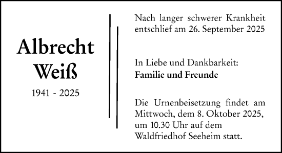Traueranzeige von Albrecht Weiß von Darmstädter Echo Traueranzeige von Albrecht Weiß von Darmstädter Echo