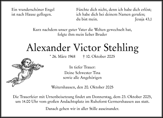 Traueranzeige von Alexander Victor Stehling von Hinterländer Anzeiger Traueranzeige von Alexander Victor Stehling von Hinterländer Anzeiger