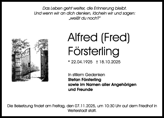 Traueranzeige von Alfred Försterling von Darmstädter Echo Traueranzeige von Alfred Försterling von Darmstädter Echo