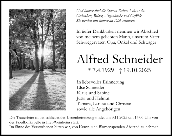 Traueranzeige von Alfred Schneider von Allgemeine Zeitung Rheinhessen-Nahe Traueranzeige von Alfred Schneider von Allgemeine Zeitung Rheinhessen-Nahe