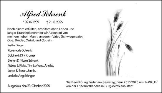 Traueranzeige von Alfred Schrenk von Wetzlarer Neue Zeitung Traueranzeige von Alfred Schrenk von Wetzlarer Neue Zeitung