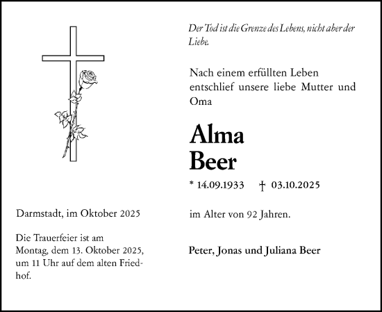 Traueranzeige von Alma Beer von Darmstädter Echo Traueranzeige von Alma Beer von Darmstädter Echo