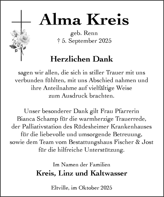 Traueranzeige von Alma Kreis von Rheingau Kurier Traueranzeige von Alma Kreis von Rheingau Kurier