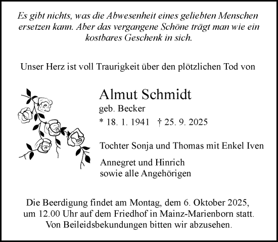 Traueranzeige von Almut Schmidt von Allgemeine Zeitung Mainz Traueranzeige von Almut Schmidt von Allgemeine Zeitung Mainz