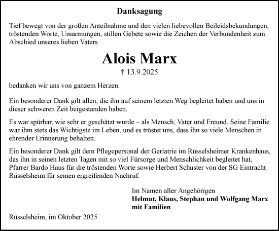 Traueranzeige von Alois Marx von Rüsselsheimer Echo Traueranzeige von Alois Marx von Rüsselsheimer Echo