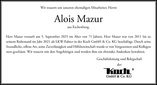 Traueranzeige von Alois Mazur von Dill Block
