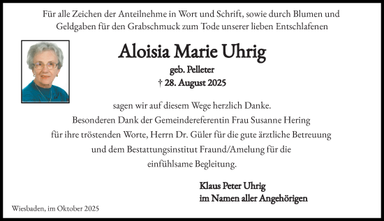 Traueranzeige von Aloisia Marie Uhrig von Wiesbadener Kurier
