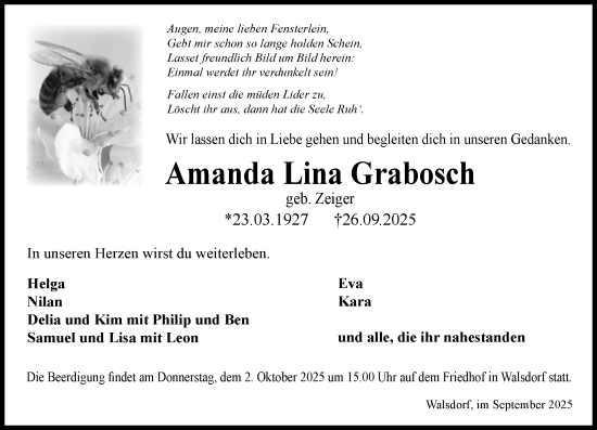 Traueranzeige von Amanda Lina Grabosch von Camberger Anzeiger