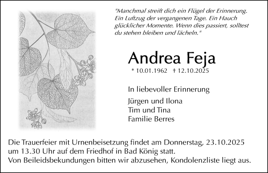 Traueranzeige von Andrea Feja von Odenwälder Echo Traueranzeige von Andrea Feja von Odenwälder Echo