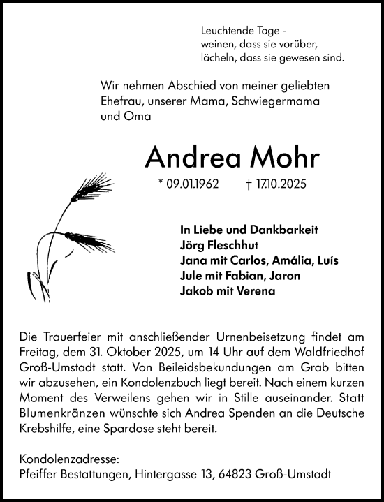 Traueranzeige von Andrea Mohr von Darmstädter Echo Traueranzeige von Andrea Mohr von Darmstädter Echo