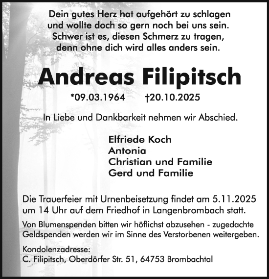 Traueranzeige von Andreas Filipitsch von Odenwälder Echo Traueranzeige von Andreas Filipitsch von Odenwälder Echo