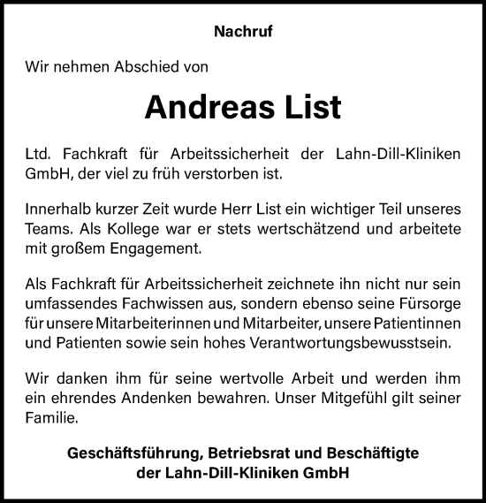 Traueranzeige von Andreas List von Wetzlarer Neue Zeitung Traueranzeige von Andreas List von Wetzlarer Neue Zeitung