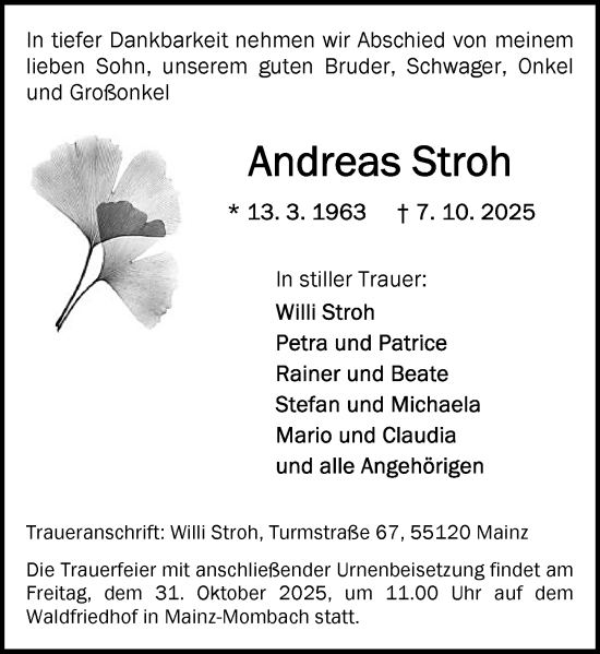 Traueranzeige von Andreas Stroh von Allgemeine Zeitung Mainz Traueranzeige von Andreas Stroh von Allgemeine Zeitung Mainz