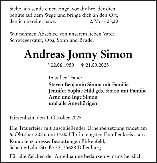 Traueranzeige von Andreas Jonny Simon von Dill Block Traueranzeige von Andreas Jonny Simon von Dill Block