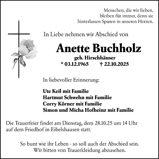 Traueranzeige von Anette Buchholz von Dill Block Traueranzeige von Anette Buchholz von Dill Block