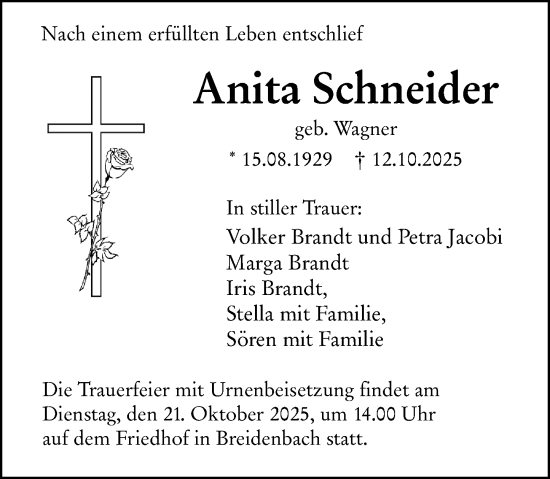 Traueranzeige von Anita Schneider von Hinterländer Anzeiger Traueranzeige von Anita Schneider von Hinterländer Anzeiger