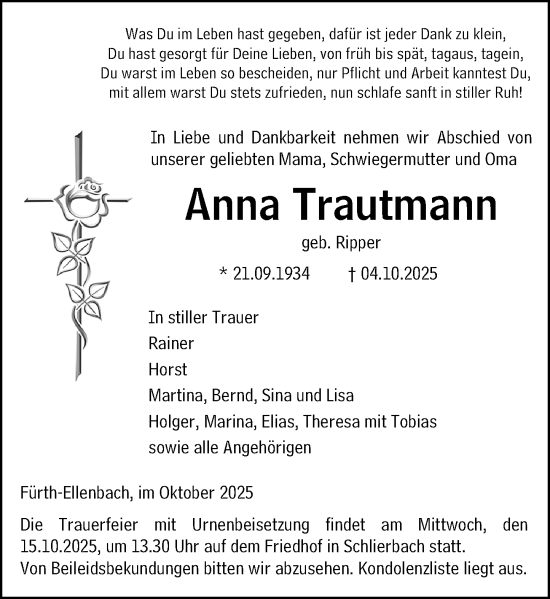Traueranzeige von Anna Trautmann von Starkenburger Echo
