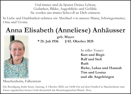 Traueranzeige von Anna Elisabeth Anhäusser von Allgemeine Zeitung Alzey