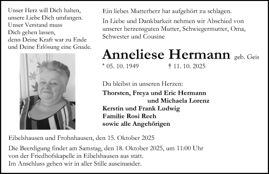 Traueranzeige von Anneliese Hermann von Dill Block Traueranzeige von Anneliese Hermann von Dill Block