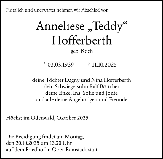 Traueranzeige von Anneliese Hofferberth von Darmstädter Echo Traueranzeige von Anneliese Hofferberth von Darmstädter Echo