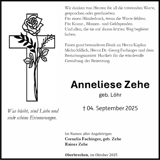 Traueranzeige von Anneliese Zehe von Camberger Anzeiger