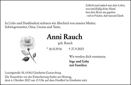 Traueranzeige von Anni Rauch von Rüsselsheimer Echo