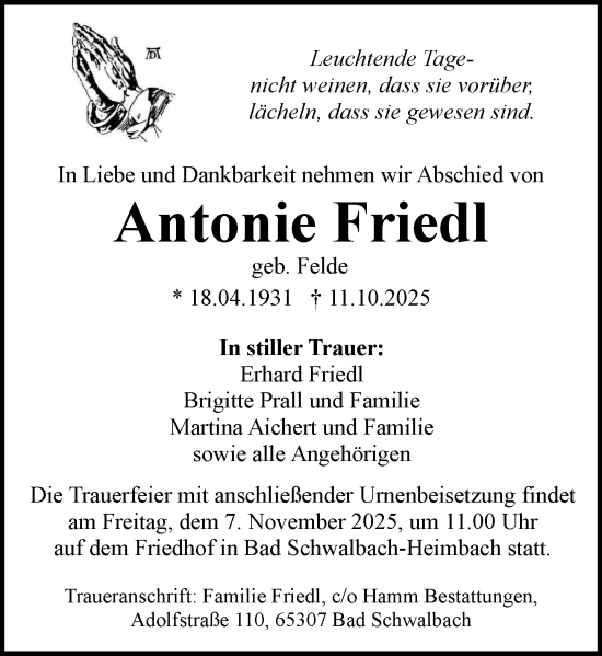 Traueranzeige von Antonie Friedl von Idsteiner Land/Untertaunus Traueranzeige von Antonie Friedl von Idsteiner Land/Untertaunus