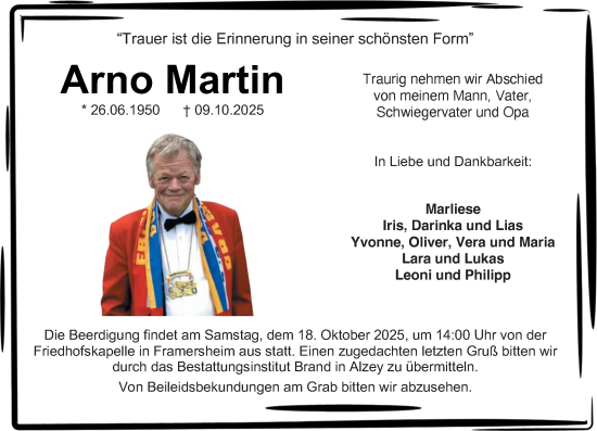 Traueranzeige von Arno Martin von Allgemeine Zeitung Alzey
