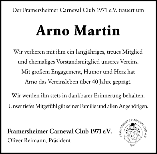 Traueranzeige von Arno Martin von Allgemeine Zeitung Alzey
