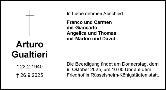 Traueranzeige von Arturo Gualtieri von Rüsselsheimer Echo Traueranzeige von Arturo Gualtieri von Rüsselsheimer Echo