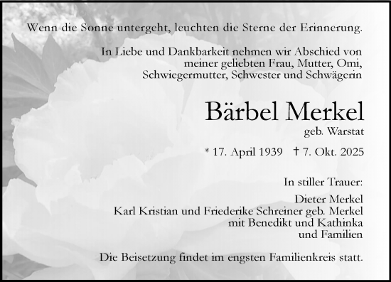 Traueranzeige von Bärbel Merkel von Darmstädter Echo Traueranzeige von Bärbel Merkel von Darmstädter Echo