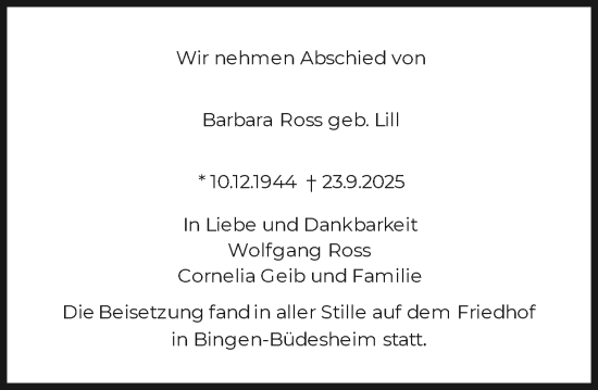 Traueranzeige von Barbara Ross von Binger-/Ingelheimer Wochenblatt Traueranzeige von Barbara Ross von Binger-/Ingelheimer Wochenblatt