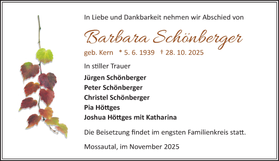 Traueranzeige von Barbara Schönberger von Odenwälder Echo Traueranzeige von Barbara Schönberger von Odenwälder Echo