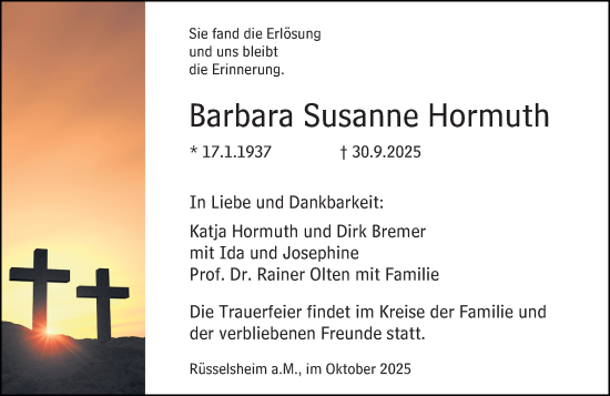 Traueranzeige von Barbara Susanne Hormuth von Rüsselsheimer Echo Traueranzeige von Barbara Susanne Hormuth von Rüsselsheimer Echo