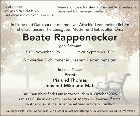 Traueranzeige von Beate Rappenecker von Rheingau Kurier Traueranzeige von Beate Rappenecker von Rheingau Kurier