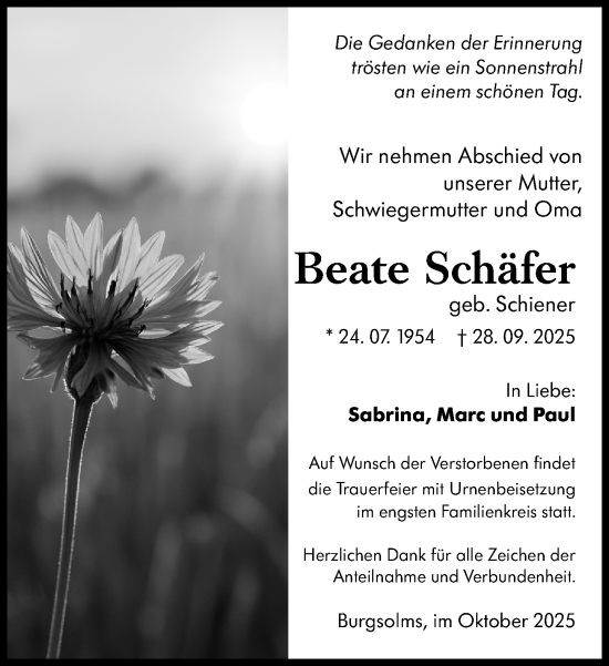 Traueranzeige von Beate Schäfer von Wetzlarer Neue Zeitung