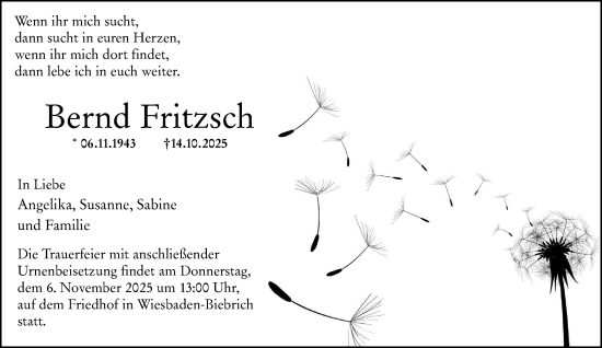 Traueranzeige von Bernd Fritzsch von Wiesbadener Kurier Traueranzeige von Bernd Fritzsch von Wiesbadener Kurier