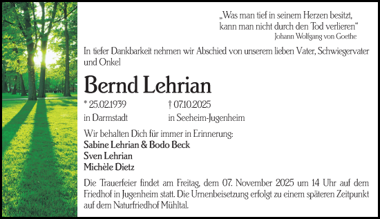 Traueranzeige von Bernd Lehrian von Darmstädter Echo Traueranzeige von Bernd Lehrian von Darmstädter Echo
