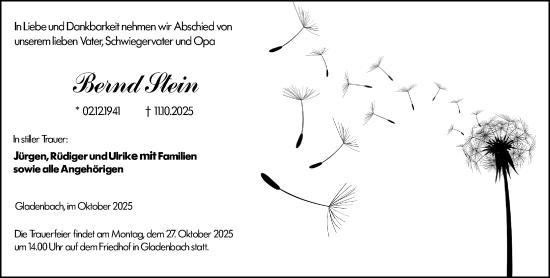 Traueranzeige von Bernd Stein von Hinterländer Anzeiger Traueranzeige von Bernd Stein von Hinterländer Anzeiger