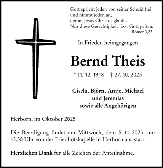 Traueranzeige von Bernd Theis von Dill Block Traueranzeige von Bernd Theis von Dill Block