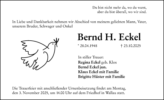 Traueranzeige von Bernd H. Eckel von Hinterländer Anzeiger Traueranzeige von Bernd H. Eckel von Hinterländer Anzeiger